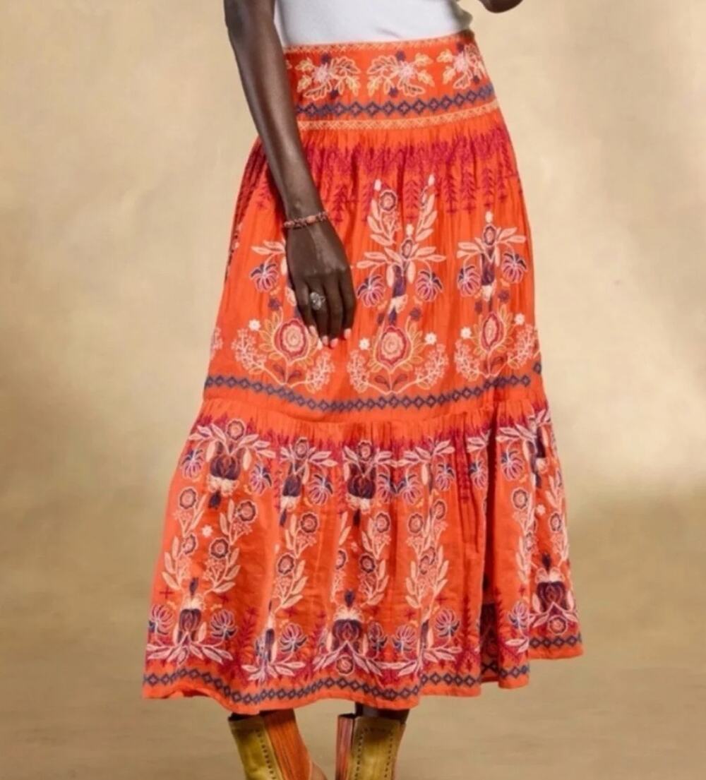 Sundance Salina Skirt Tiered Midi Maxi Embroidered Peasant Orange Petite Large